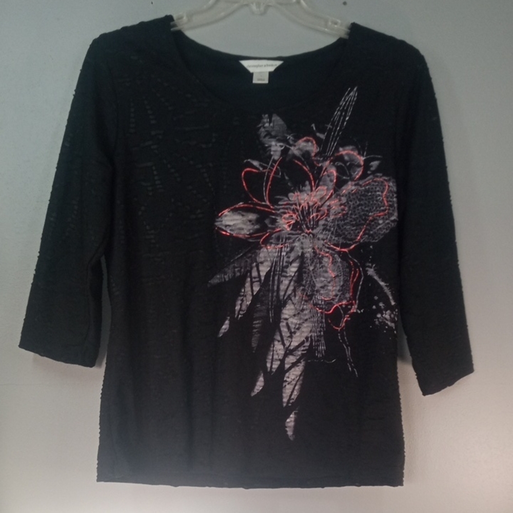 Christopher & Banks Black Floral 3/4 Sleeve Pullover Top Size Large